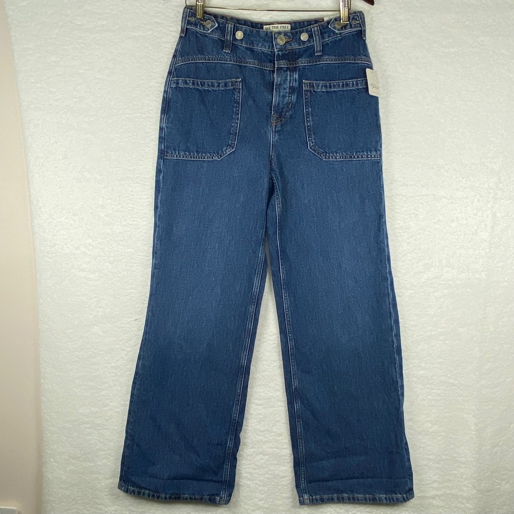 New We The‎ Free Women's 26 Wide Leg Jeans High Rise Blue Cotton Patch Pocket